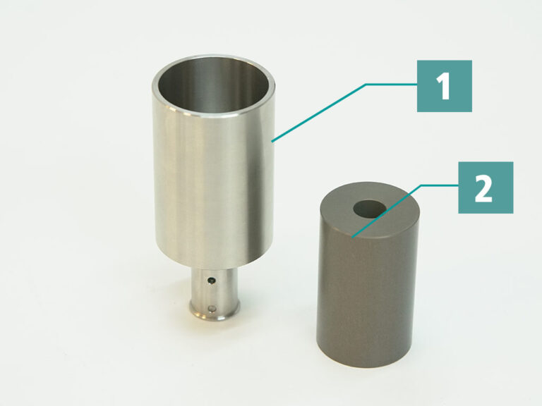 ViscoQuick: (1) Tube paddle C45 (⌀ 45 mm): For samples up to 50 ml* (universal paddle, *depending on sample material) Viscosity range 30 - 20.000 cP/mPas (1) 2-gap system for measuring liquids with medium viscosity , (2) Flow body: minimizes the turbulence effect. Ensures optimum laminar shear at every point of the beaker